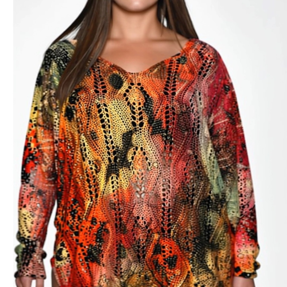 Mesh Tunic Top Multicolor Artsy Layered Colorful Abstract Boho 4X 98